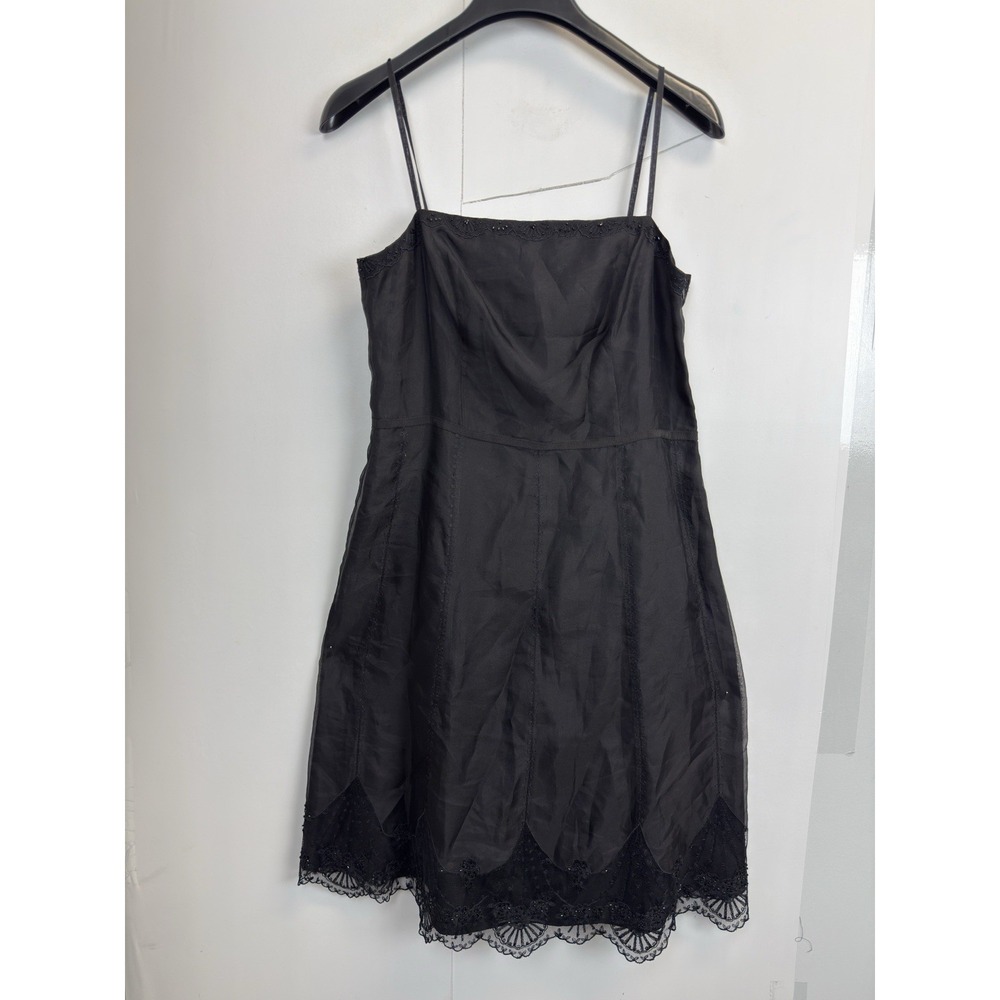 Vtg Y2K Ann Taylor Black Embroidered Beaded Silk Dress 10P A-line